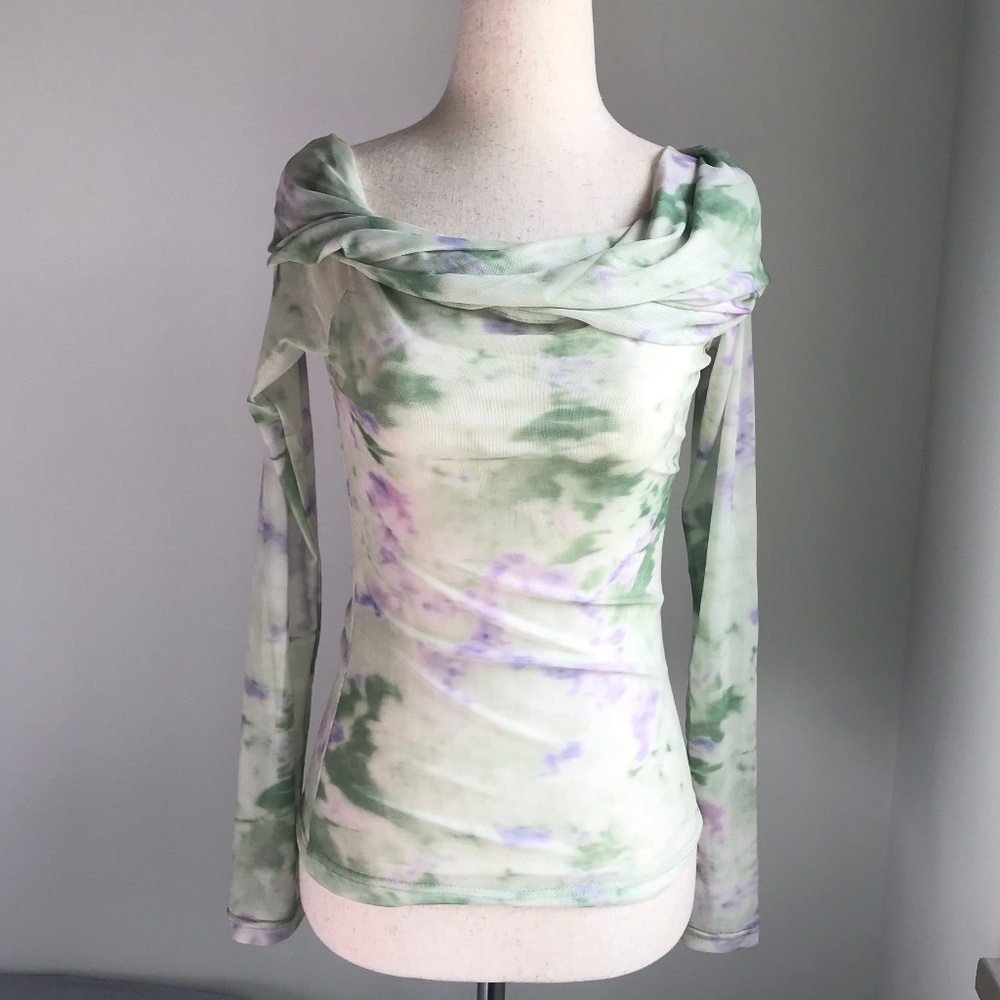 Long Sleeve Off Shoulder Top in Light Green Print - Picture 1 of 2